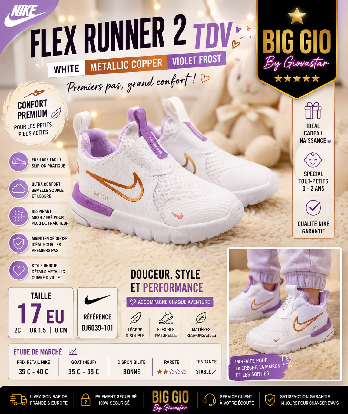 👶✨ Nike Flex Runner 2 TDV White Metallic Copper 💜🤍 Premiers Pas Premium EU 17