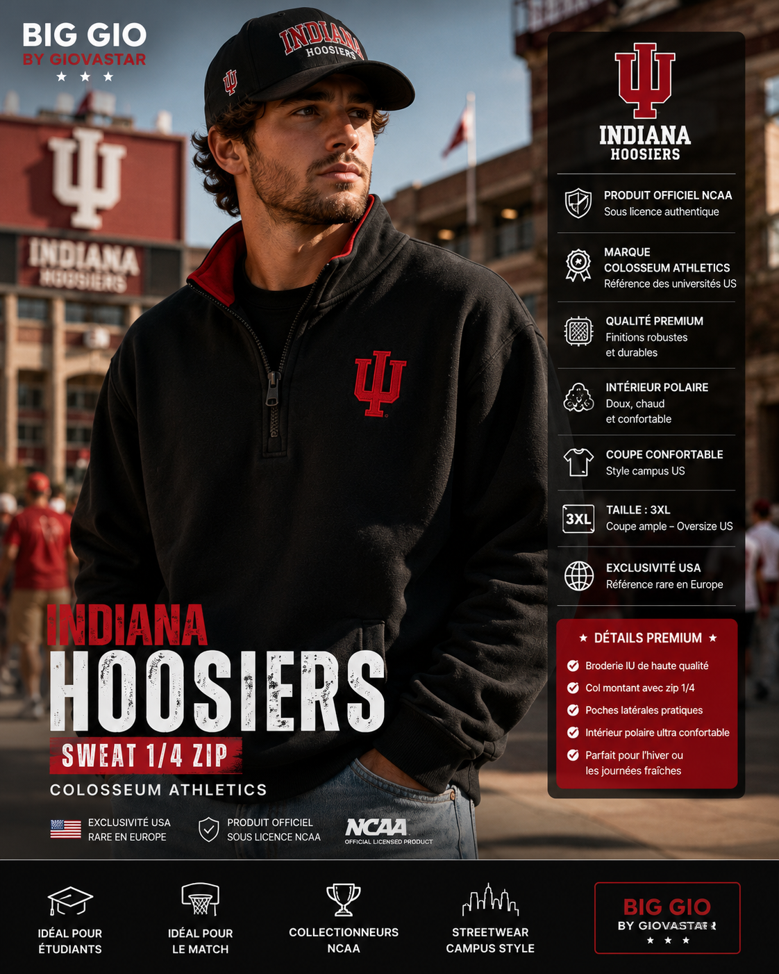 Indiana Hoosiers NCAA Sweat 1/4 Zip Colosseum Noir Rouge 3XL