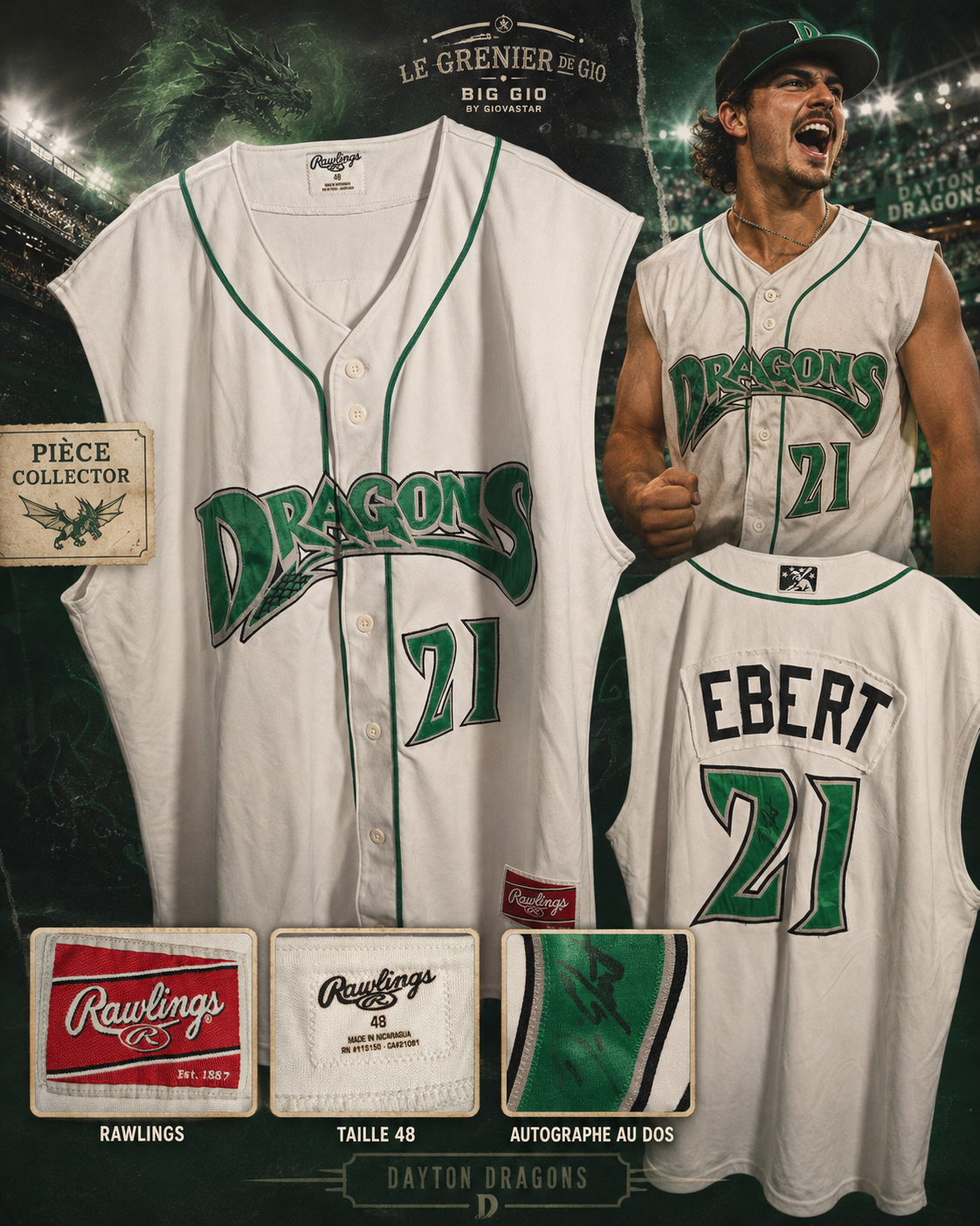 Rawlings Dayton Dragons Derrin Ebert #21 jersey MiLB professionnel vintage signé – Taille 48