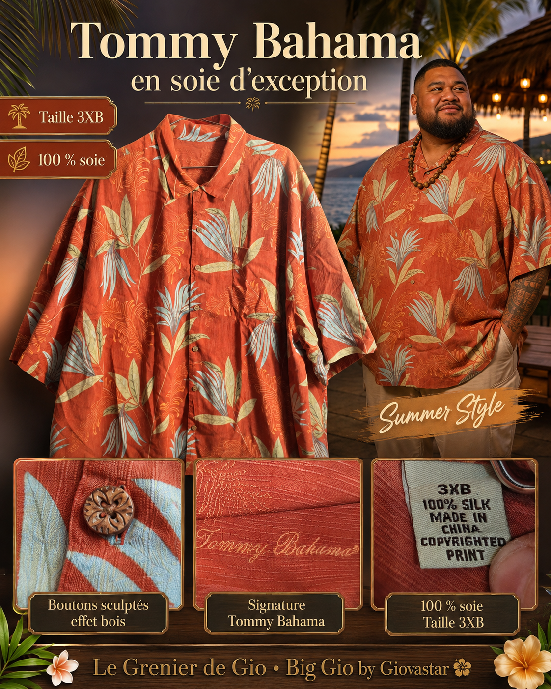 Tommy Bahama chemise hawaïenne vintage 100 % soie terracotta – Taille 3XB