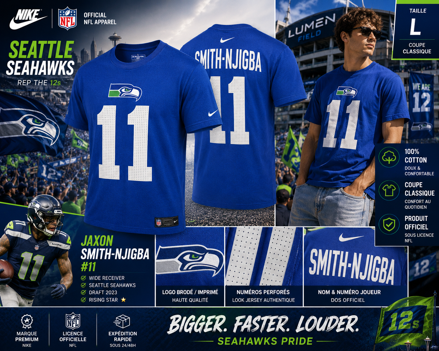 Nike NFL Seattle Seahawks Jaxon Smith-Njigba #11 T-Shirt Bleu L Neuf
