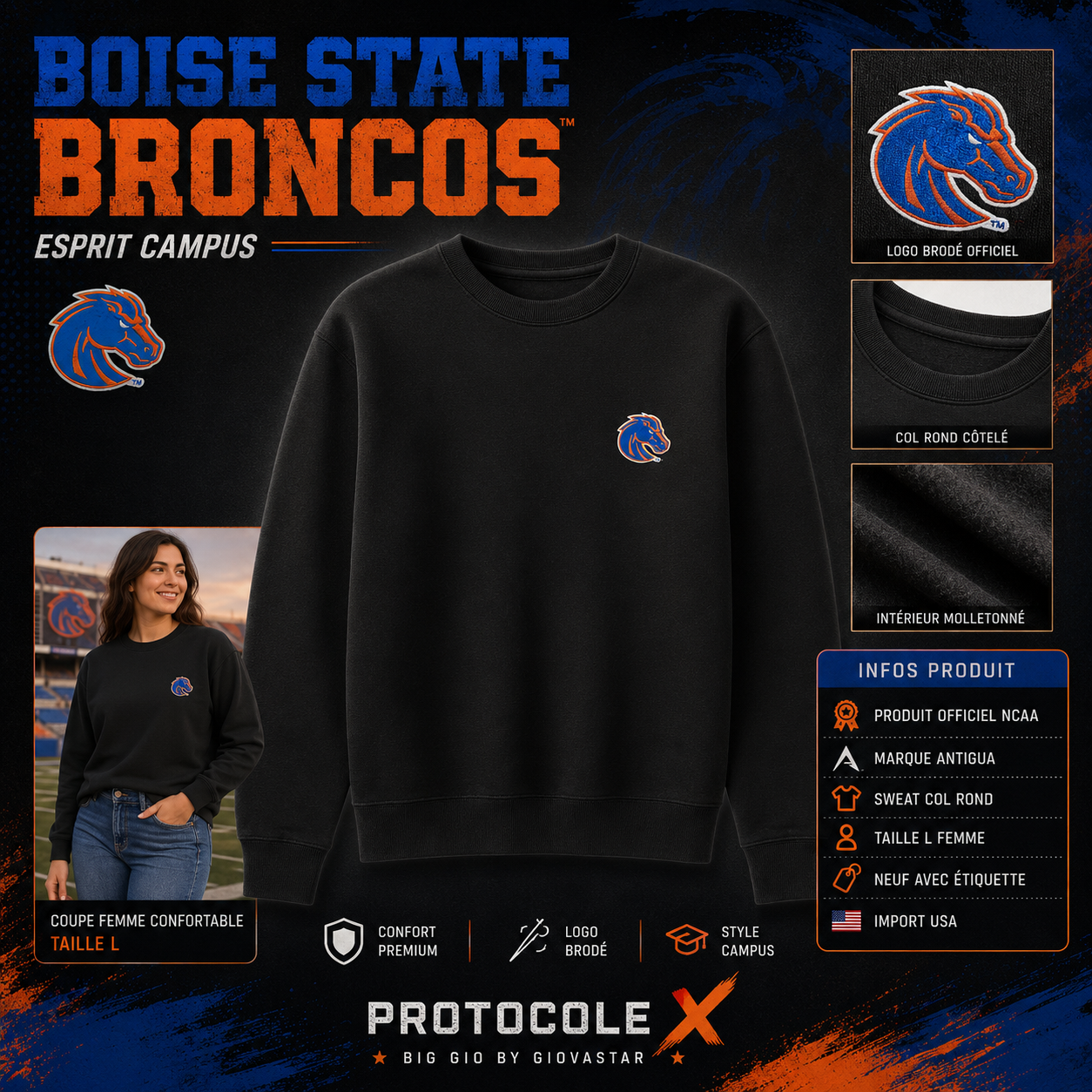 🐎 Boise State Broncos Antigua Victory Crew Femme L Neuf NCAA