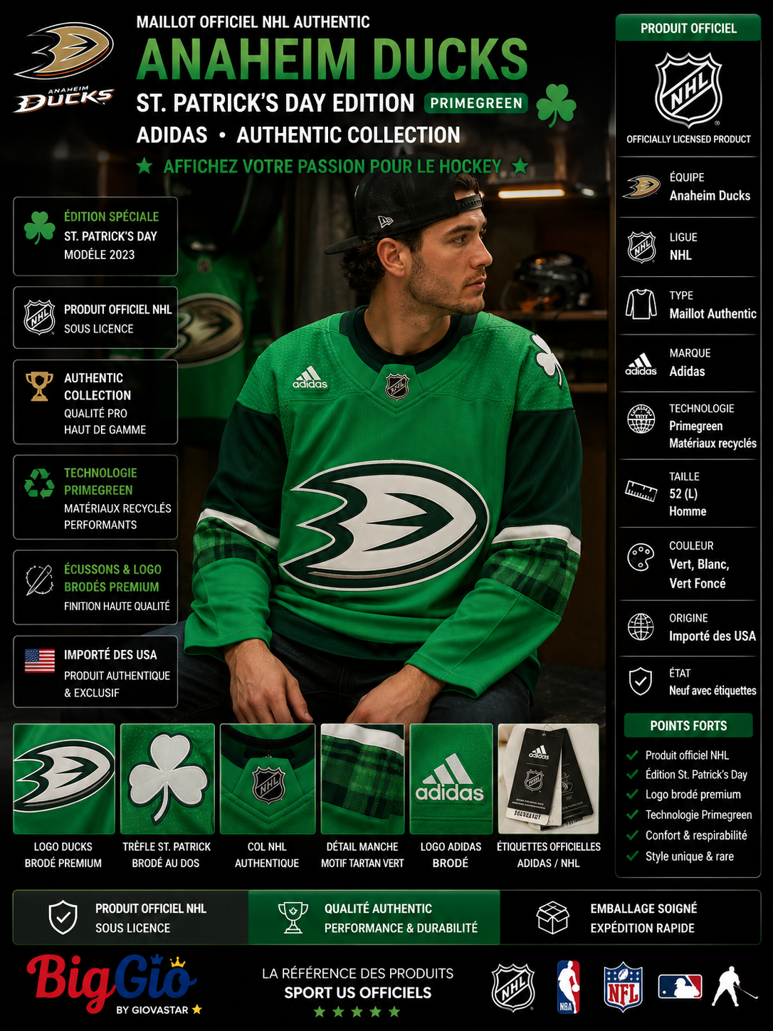 Anaheim Ducks Adidas Primegreen St Patrick's Day Authentic Jersey NHL Taille 52 🍀💚 Rare