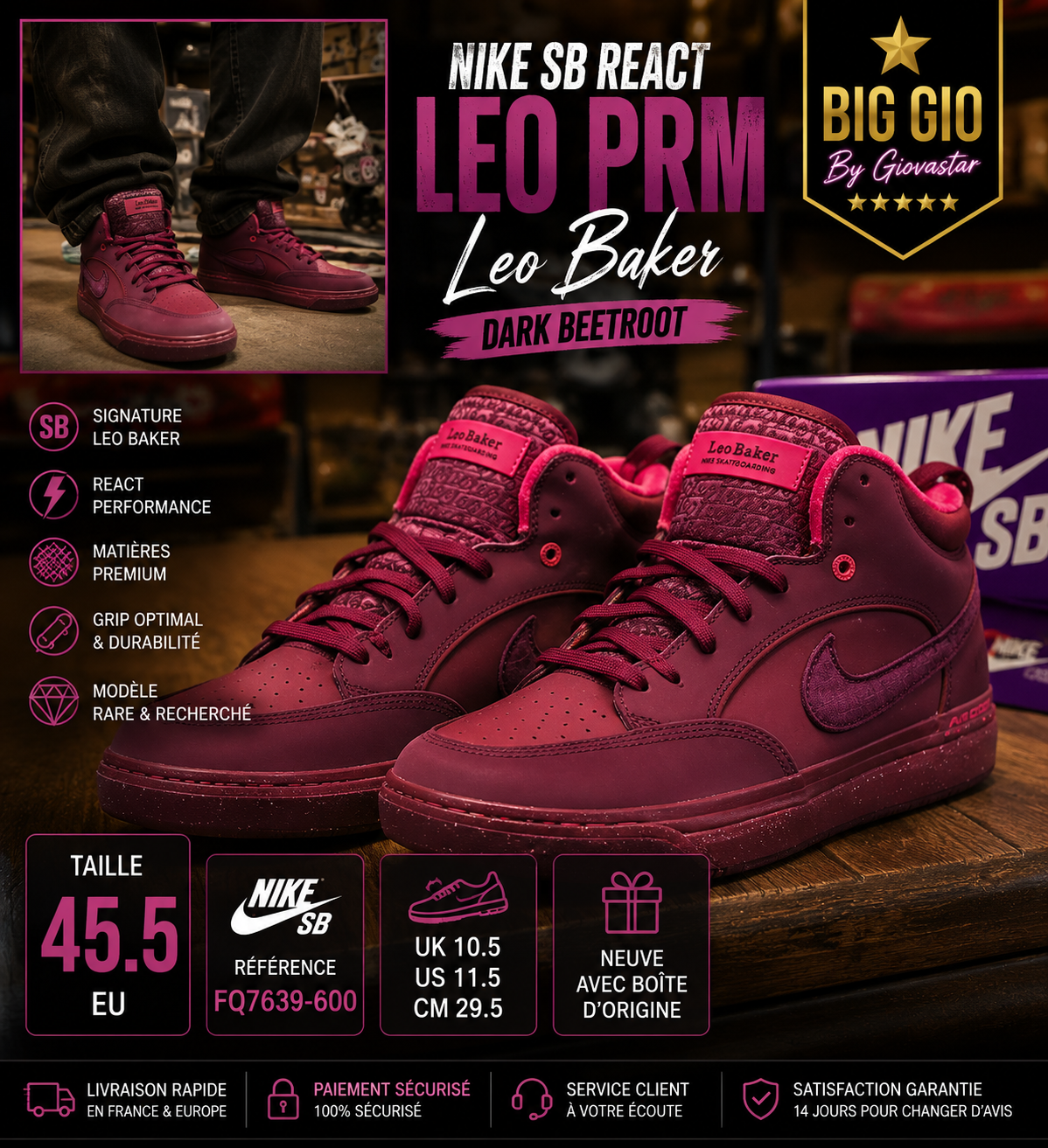 🛹 Nike SB React Leo PRM Dark Beetroot Leo Baker – Neuve avec boîte – EU 45.5
