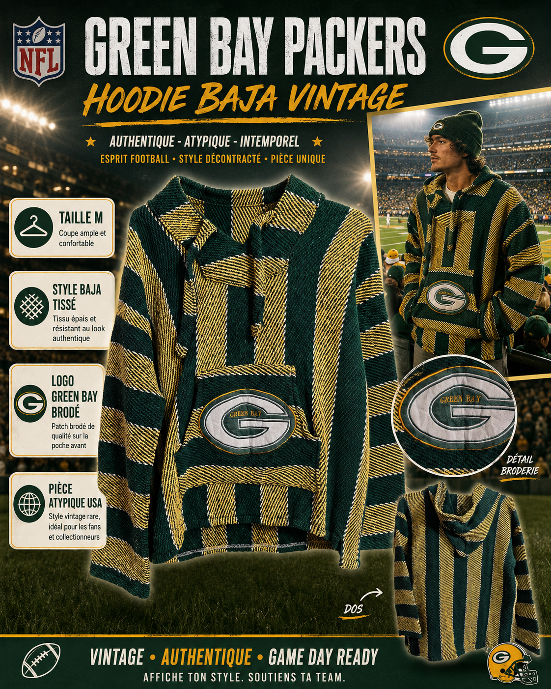 Nike NFL Green Bay Packers Baja hoodie tissé vintage – Taille M