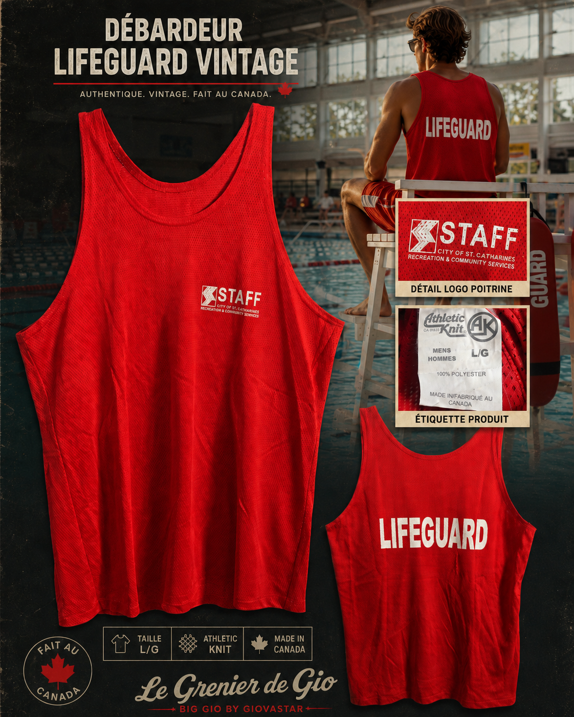 Débardeur Lifeguard Vintage Réversible St. Catharines Athletic Knit – Taille L
