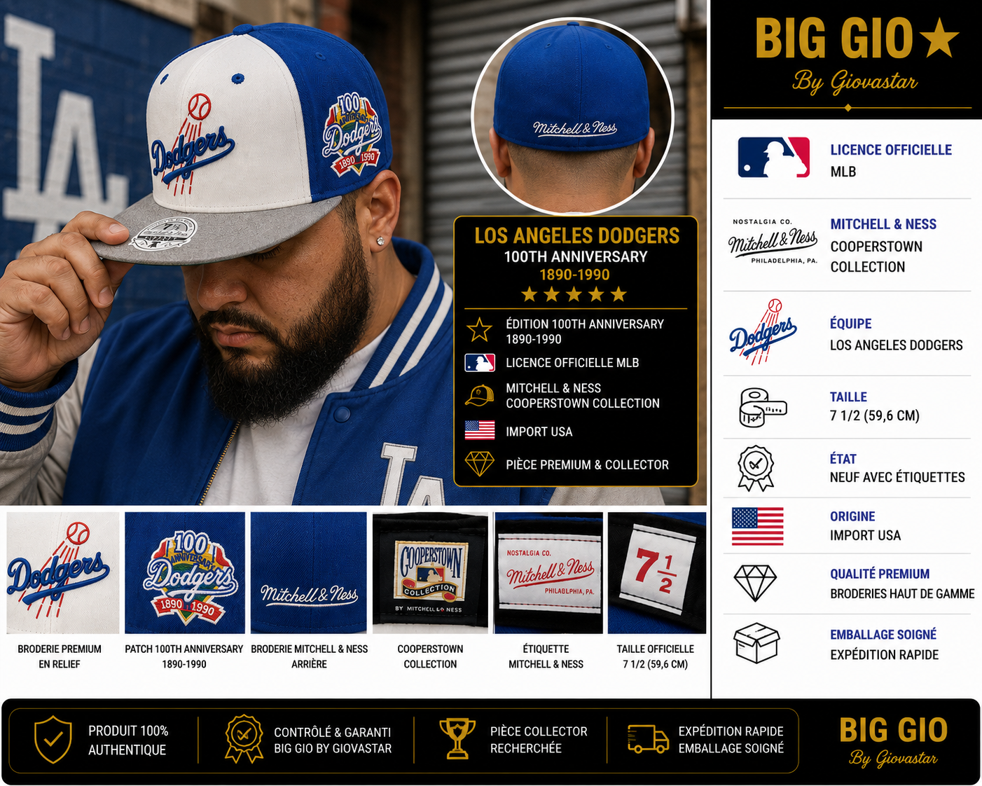 ⚾ Mitchell & Ness Los Angeles Dodgers 100th Anniversary Fitted 7 1/2 MLB USA