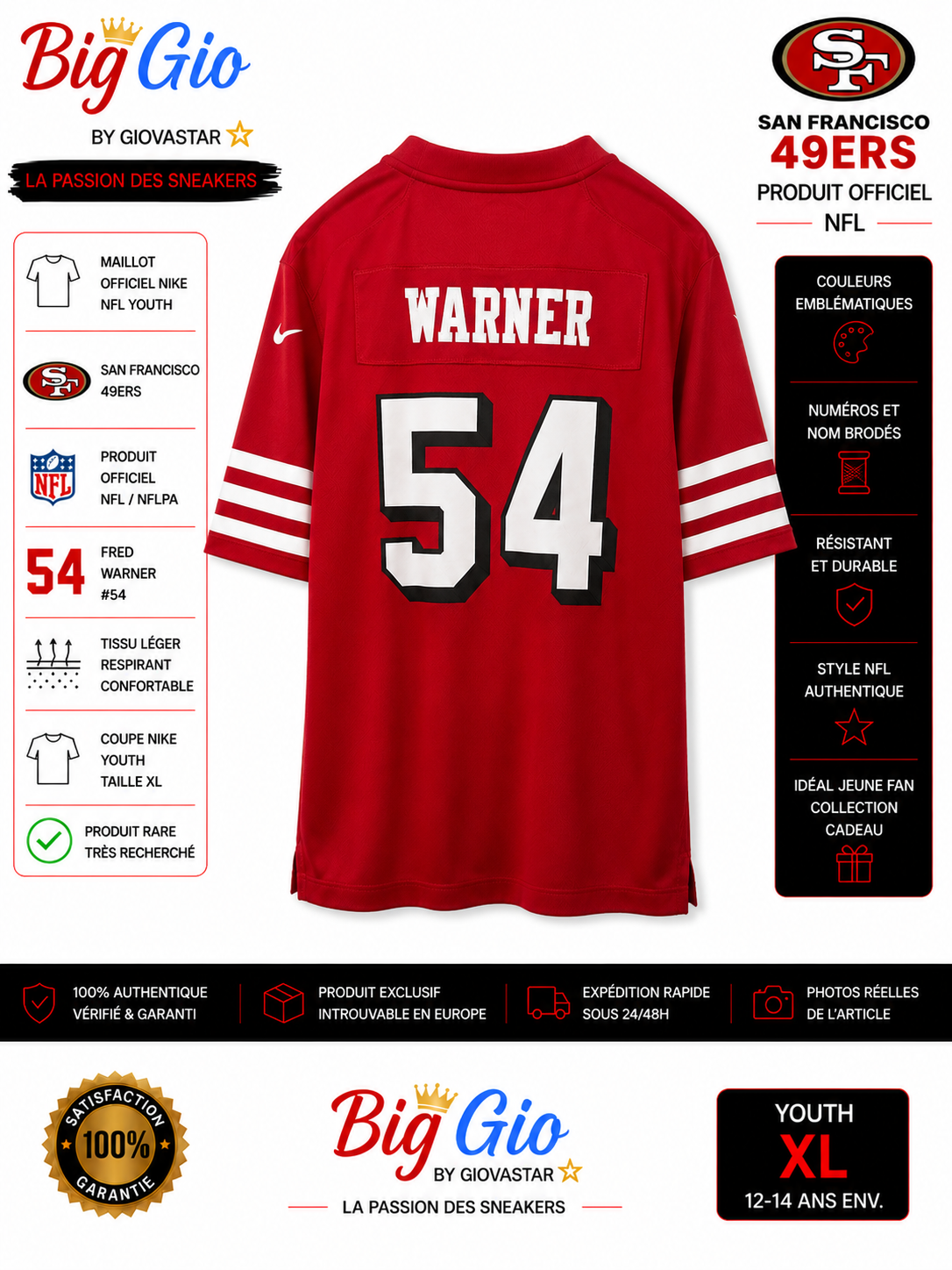 maillot nike nfl san francisco 49ers fred warner 54 youth Xl
