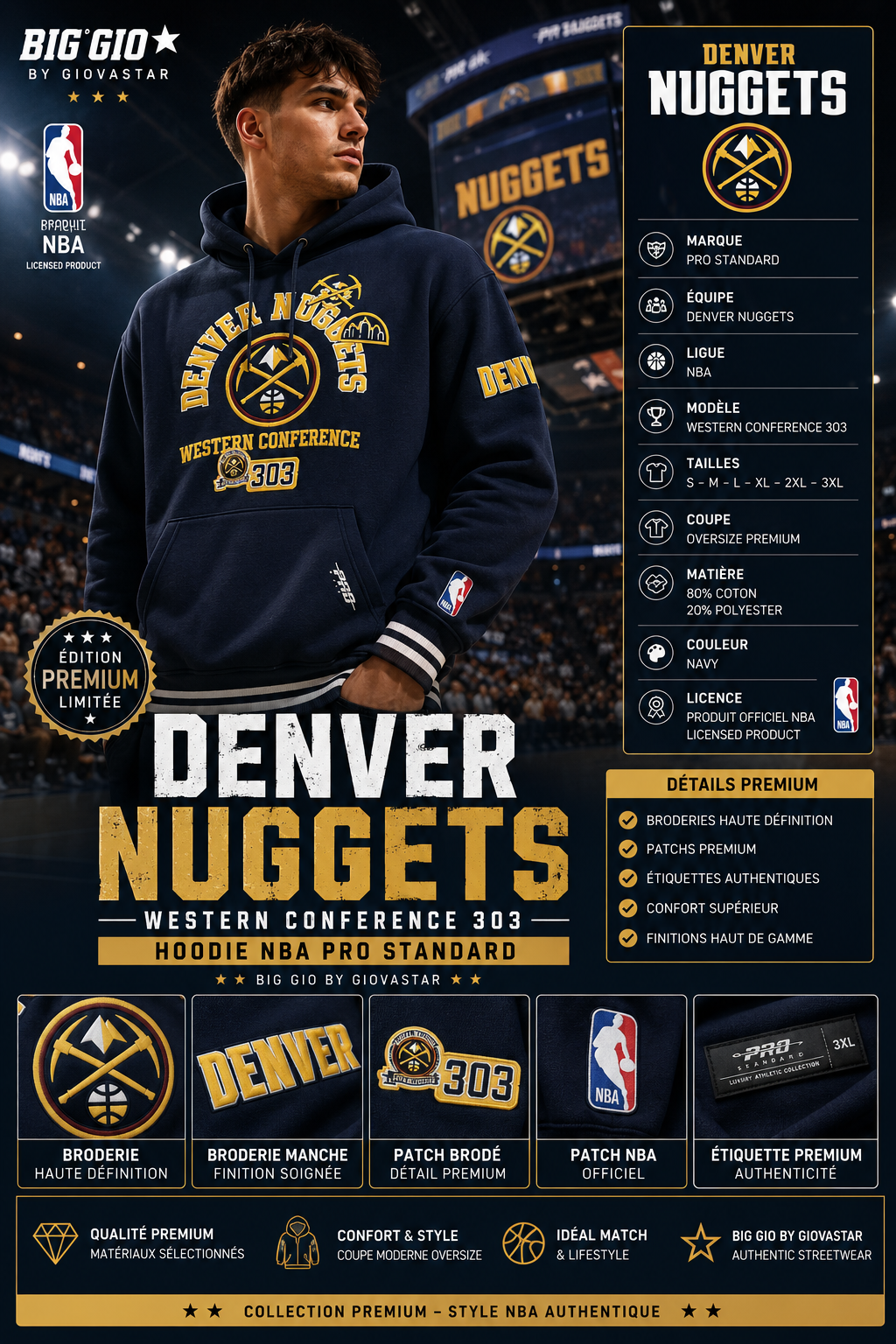 Hoodie NBA Denver Nuggets 🏀 Western Conference 303 — Pro Standard Luxury — Broderies Premium — Taille 3XL