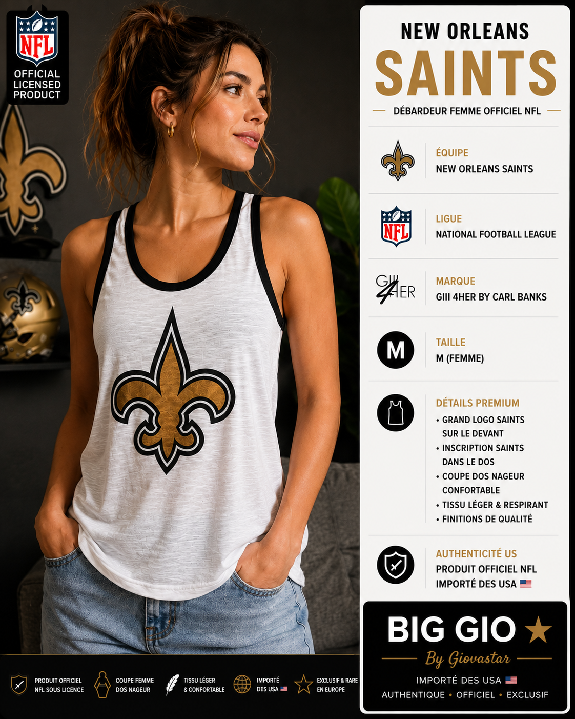 Débardeur New Orleans Saints NFL Femme M GIII 4Her Officiel USA