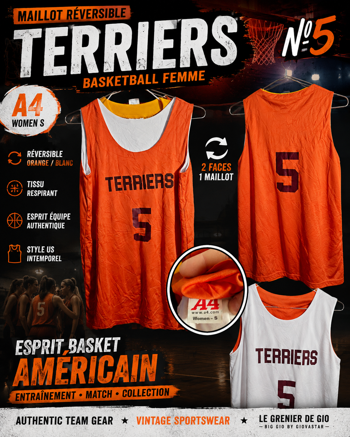 Maillot de basket réversible femme A4 Terriers n°5 orange et blanc – Taille S