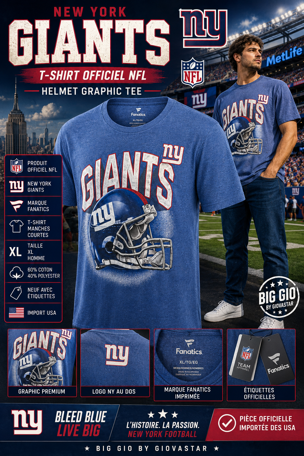 🏈 New York Giants Fanatics Helmet Graphic T-Shirt Officiel NFL Bleu XL Neuf Import USA 🇺🇸