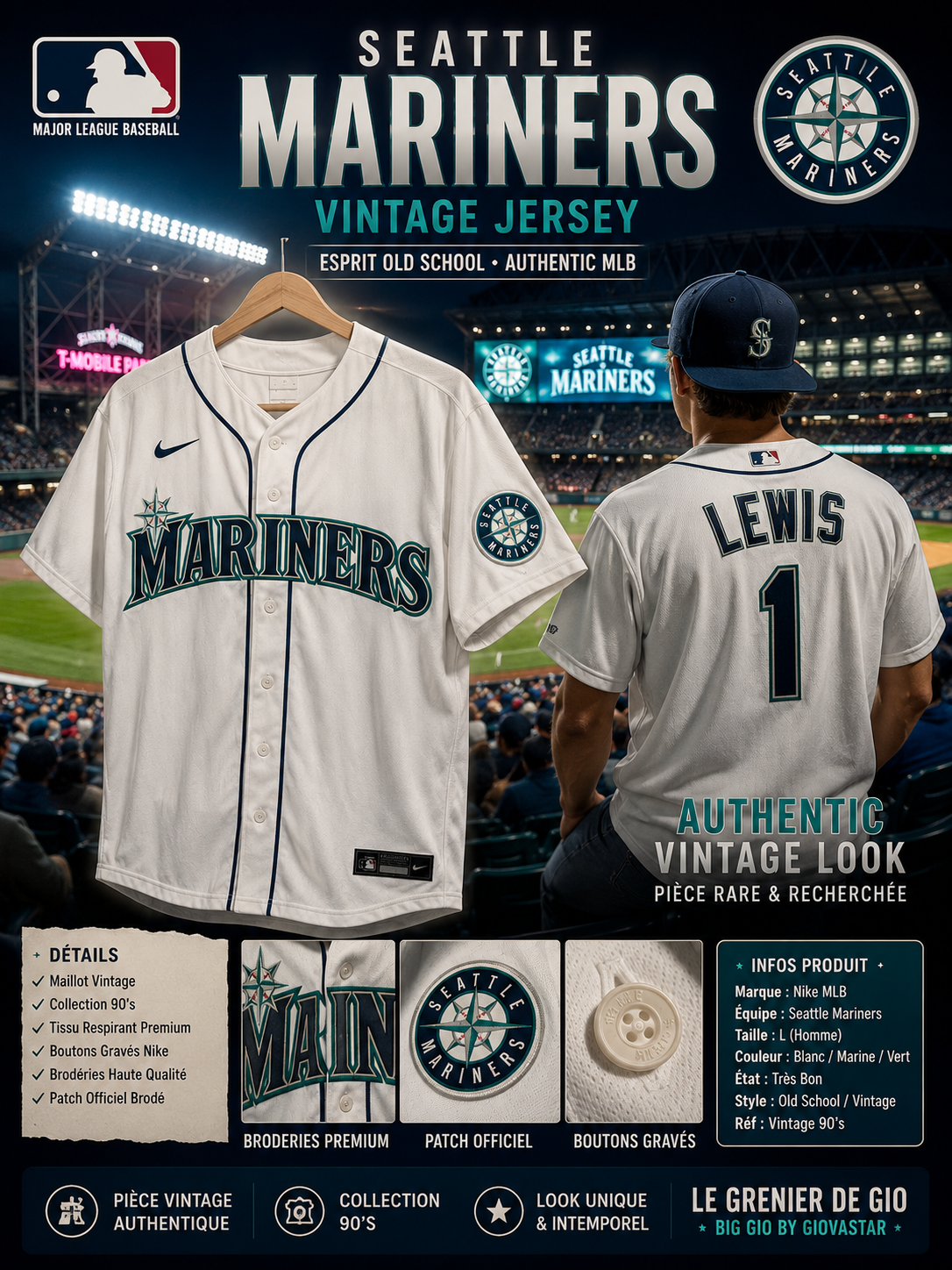 🔥 NIKE MLB SEATTLE MARINERS – KYLE LEWIS #1 – JERSEY BRODÉ – TAILLE S – OFFICIEL 🔥