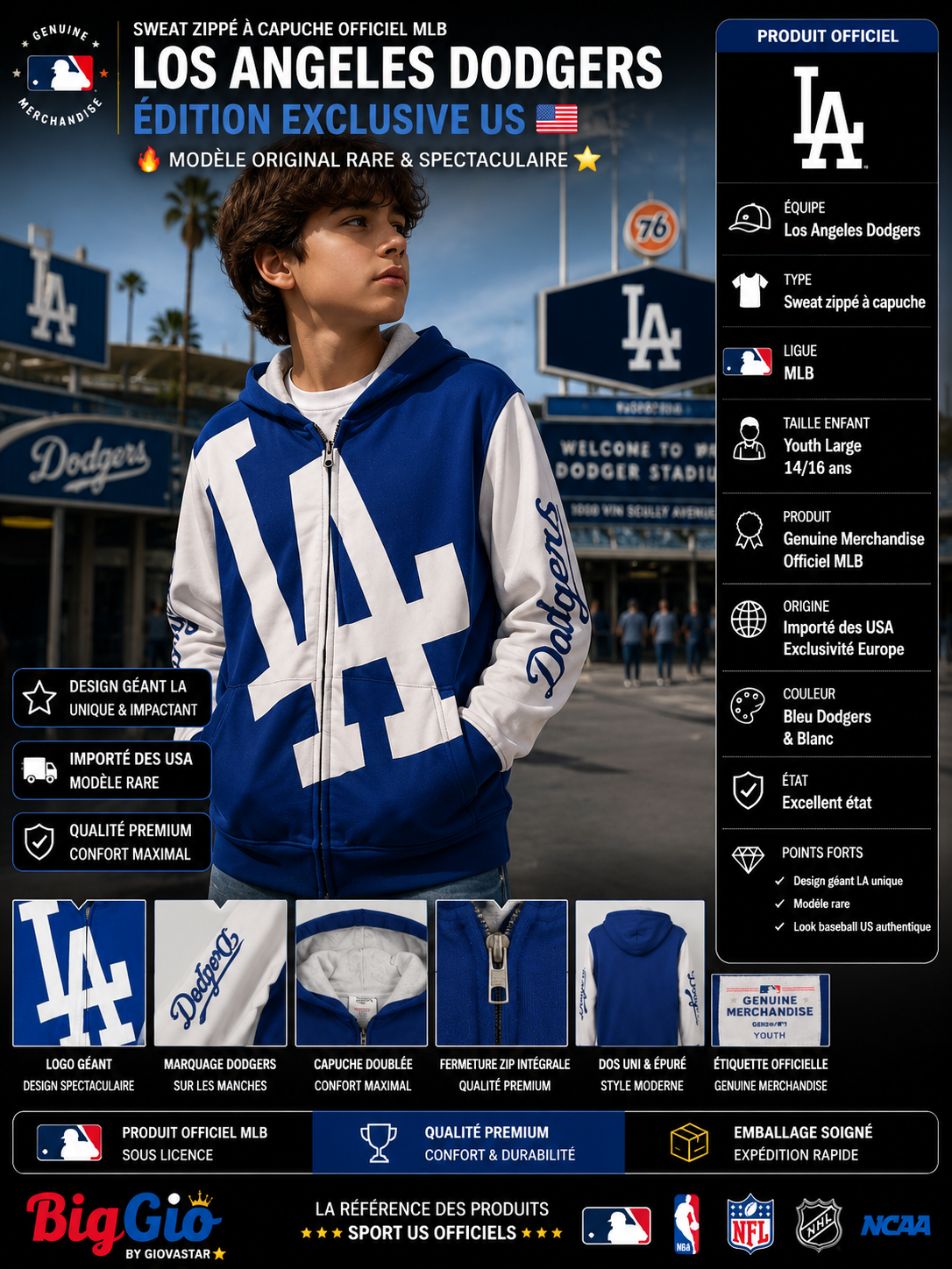 🔥 Los Angeles Dodgers MLB Hoodie Zip Full Logo Youth 14/16 Ans - Édition US Exclusive ⚾