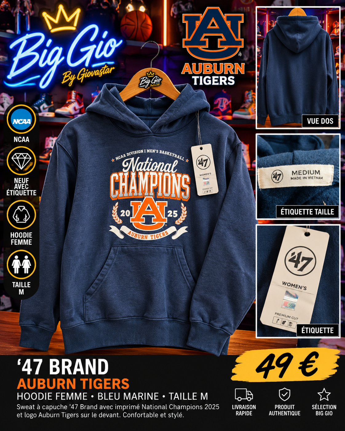 Hoodie femme Auburn Tigers bleu marine M neuf avec étiquette