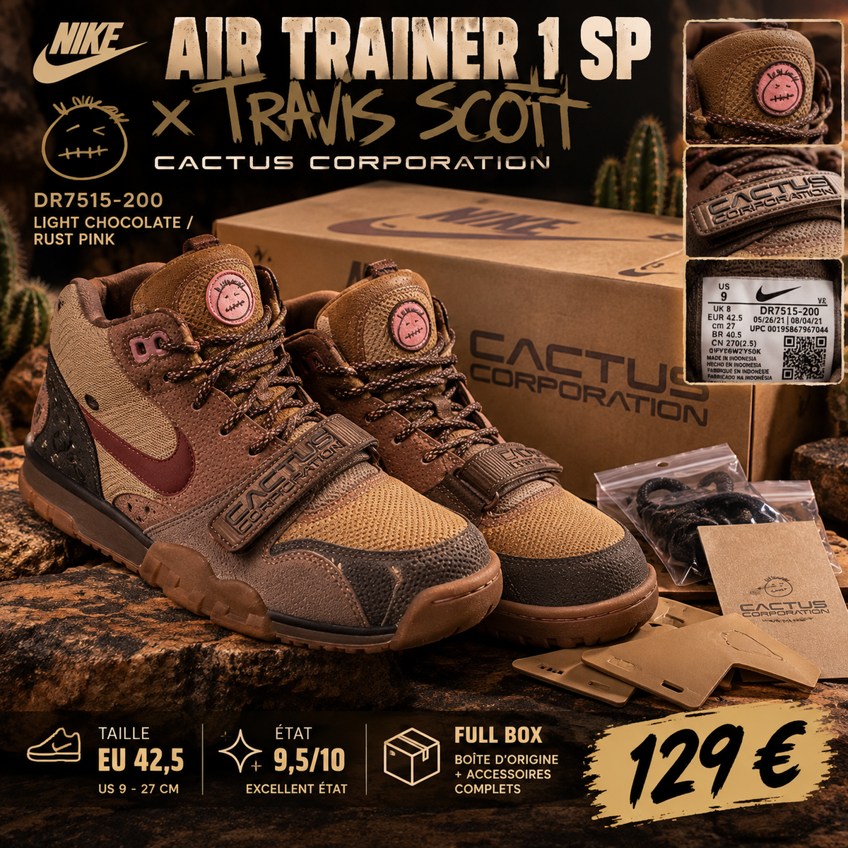 Nike Air Trainer 1 SP x Travis Scott Cactus Corporation Wheat DR7515-200 EU 42,5 full box état 9,5/10