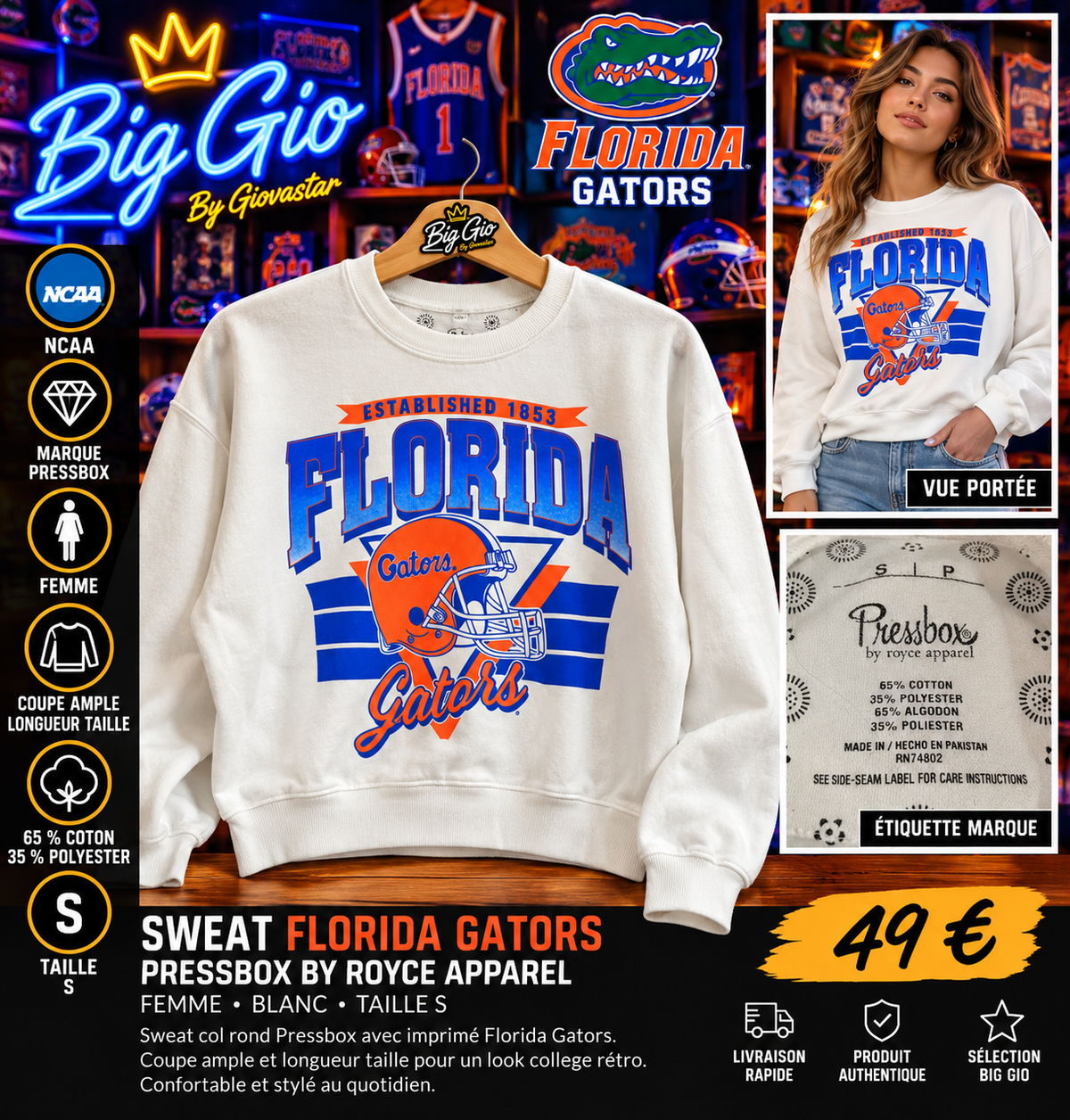 Sweat femme Florida Gators Pressbox taille S blanc visuel produit et porté