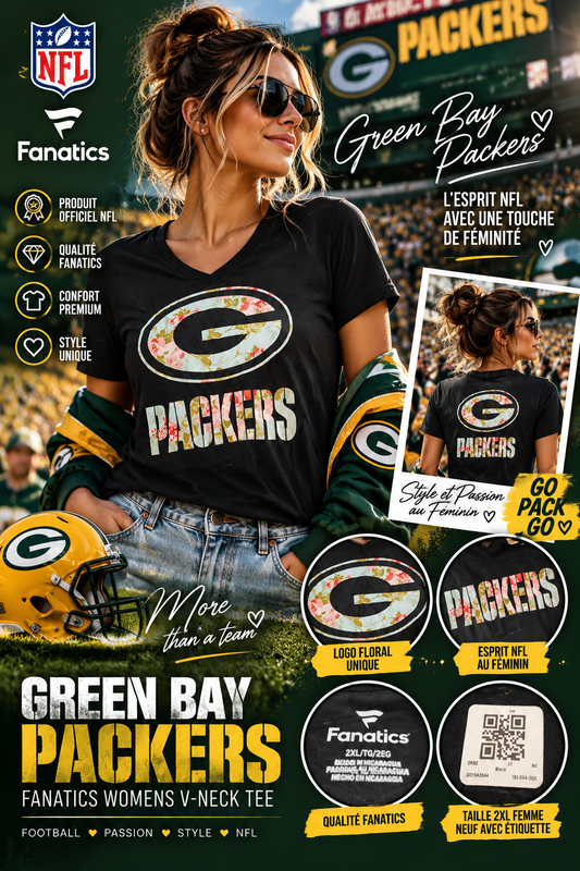 T-shirt Green Bay Packers floral Fanatics noir col V femme 2XL