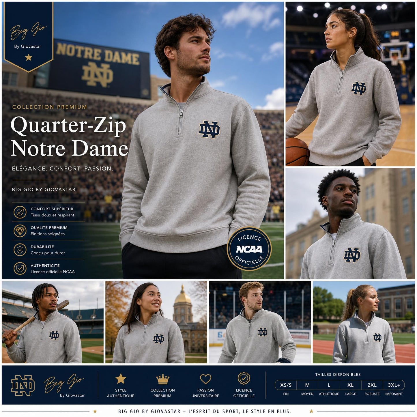Pull 1/4 Zip NCAA Notre Dame Fighting Irish 🏈 — Colosseum Officiel — Neuf avec Étiquettes — Taille 3XL