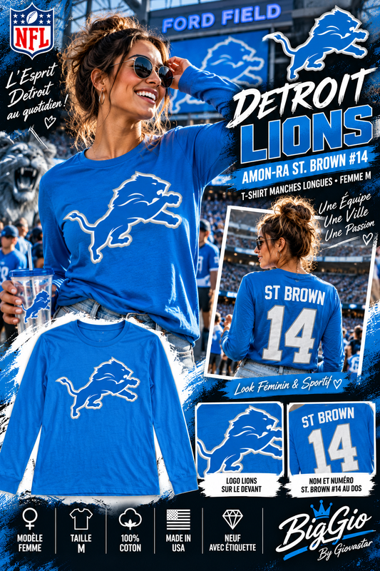Detroit Lions Amon-Ra St. Brown numéro 14 haut manches longues femme M Majestic Threads