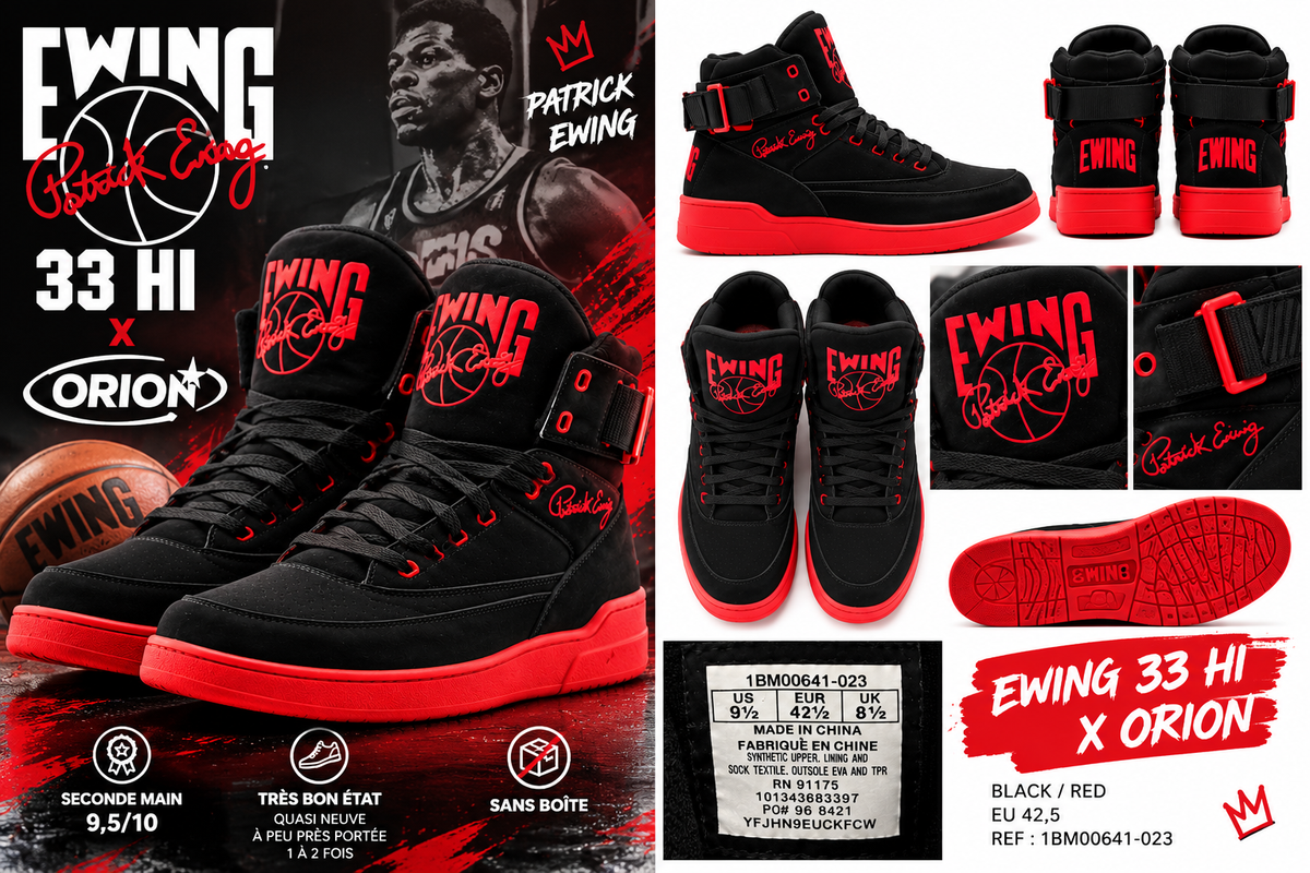 Visuel complémentaire Ewing 33 HI x ORION noir rouge, détails et présentation produit