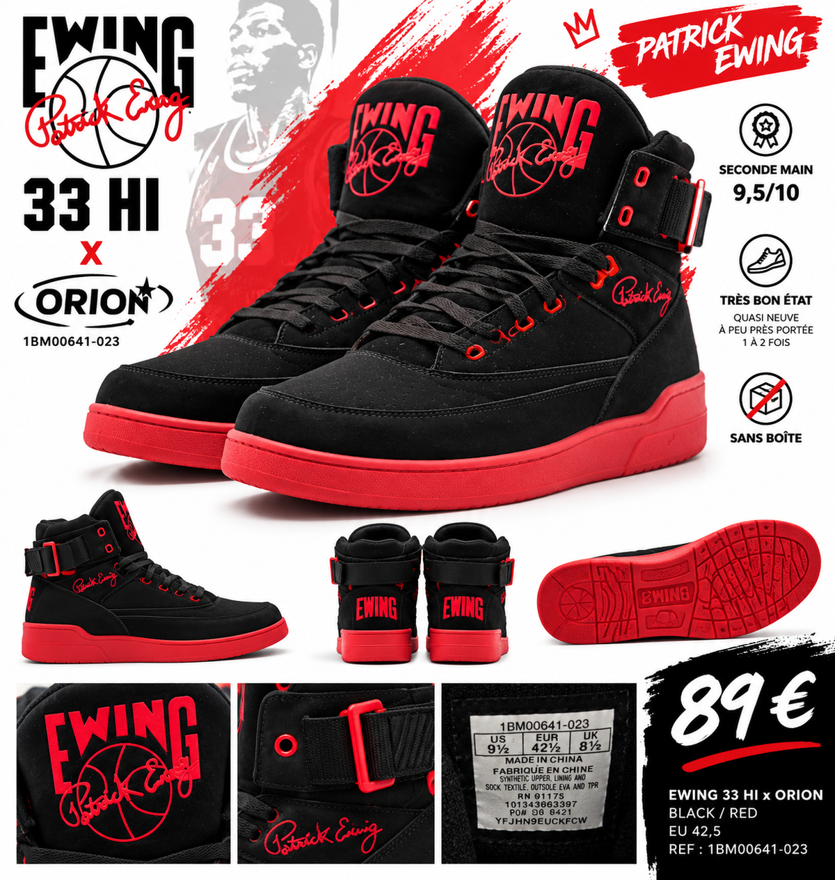 Visuel vendeur Ewing 33 HI x ORION Black Red, 42,5, seconde main 9,5/10, 89 €
