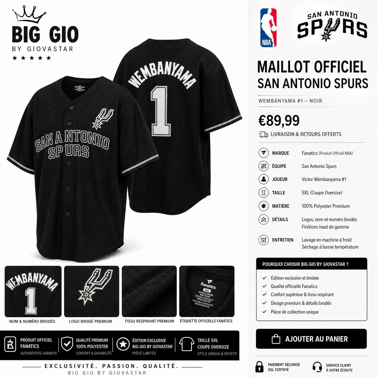 Jersey NBA San Antonio Spurs 🏀 Wembanyama #1 — Fanatics Officiel Baseball Style — 5XL