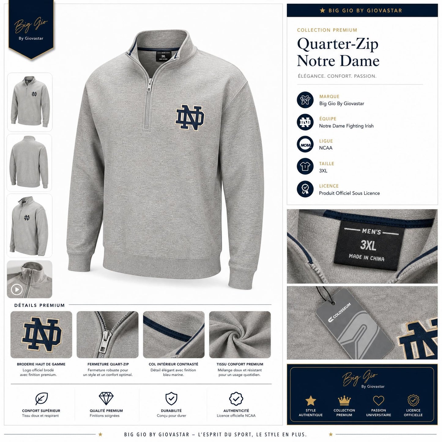 Pull 1/4 Zip NCAA Notre Dame Fighting Irish 🏈 — Colosseum Officiel — Neuf avec Étiquettes — Taille 3XL