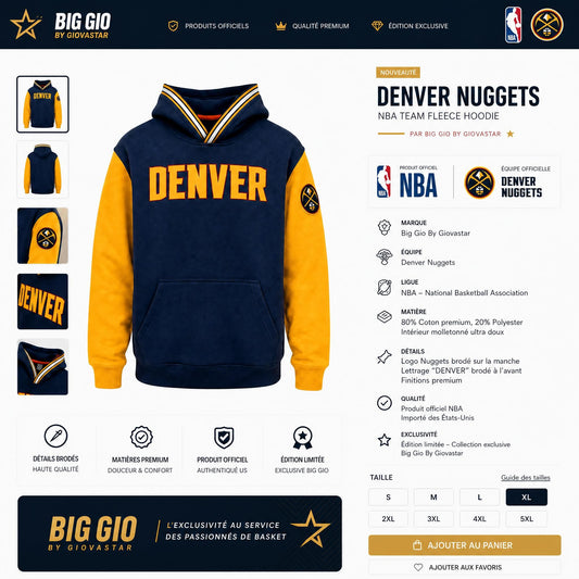 Hoodie NBA Denver Nuggets 🏀 Style Varsity — Fanatics Officiel — Neuf avec Étiquettes — Taille XL
