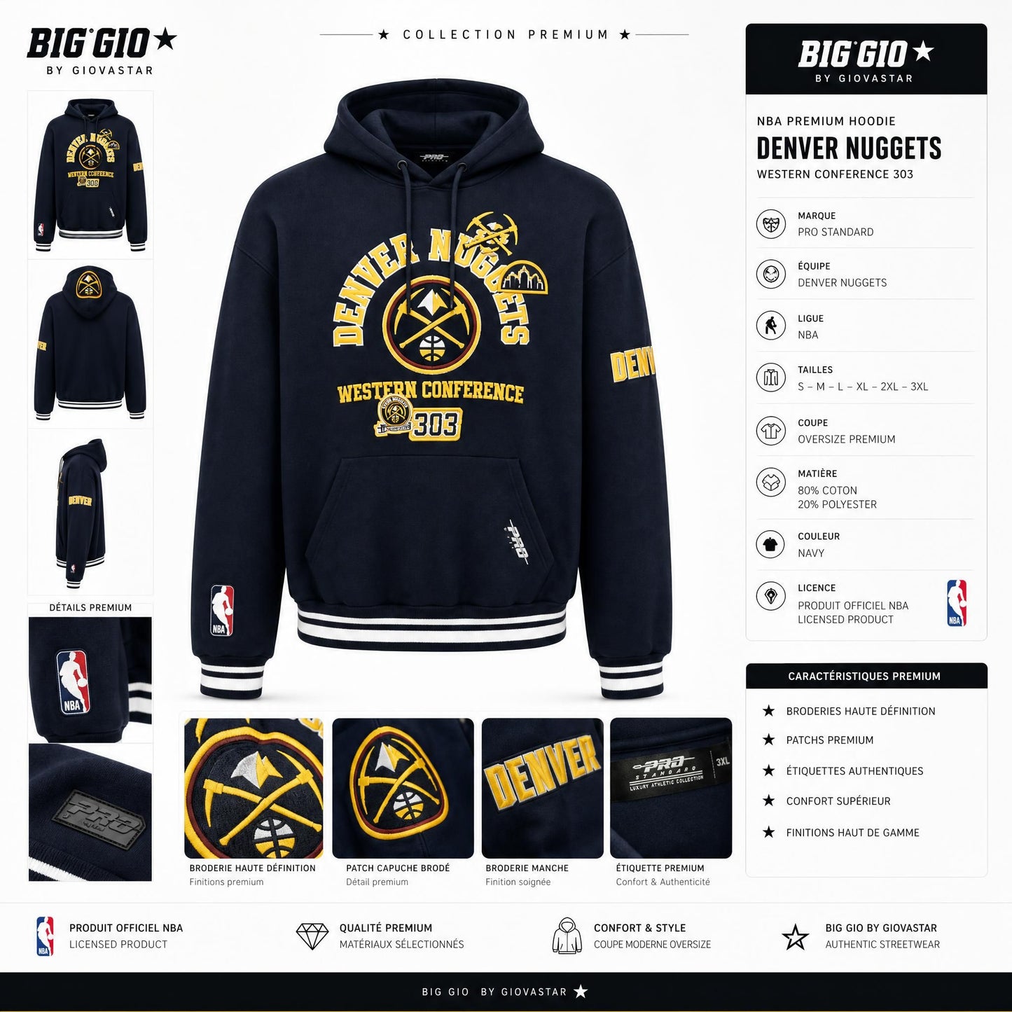 Hoodie NBA Denver Nuggets 🏀 Western Conference 303 — Pro Standard Luxury — Broderies Premium — Taille 3XL