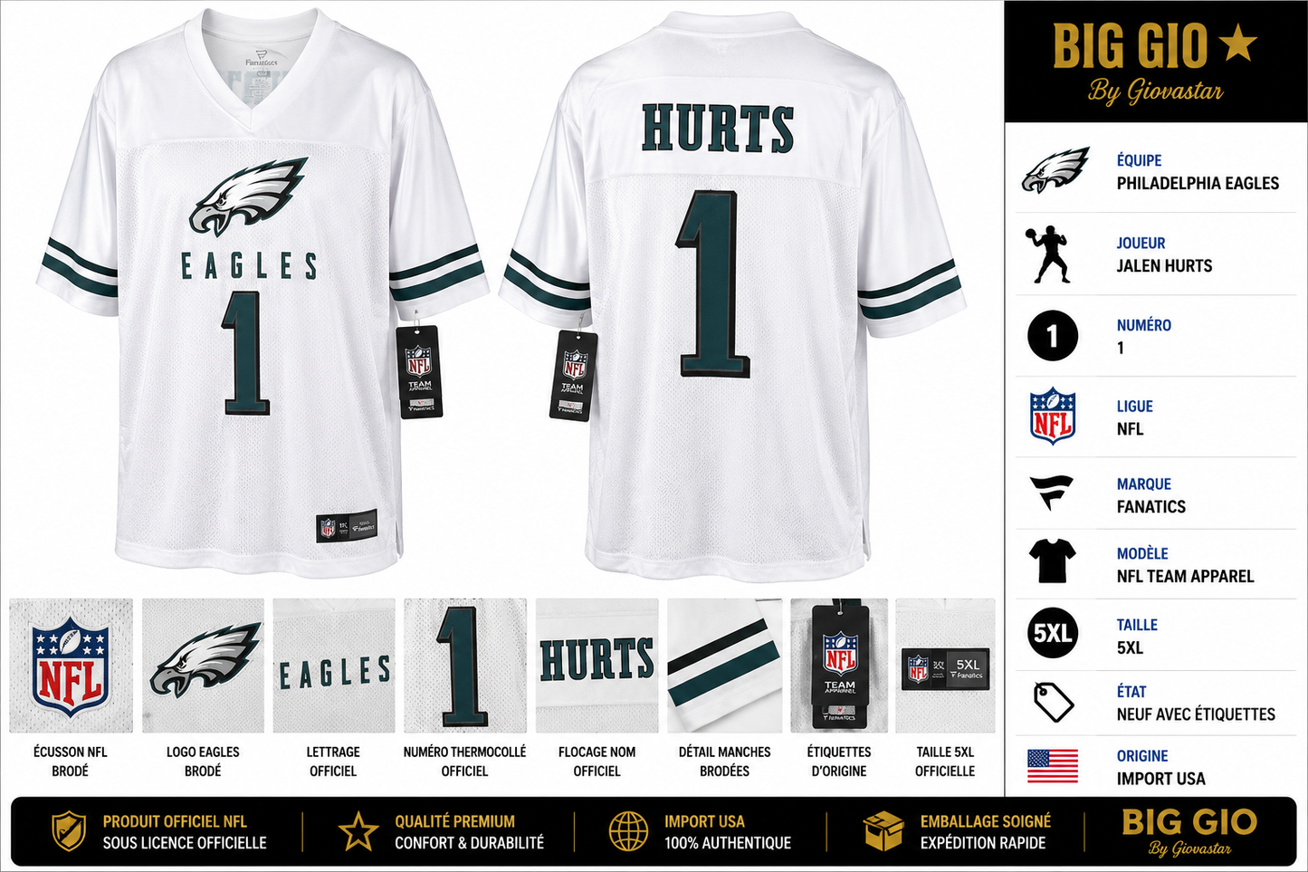 maillot nfl philadelphia eagles jalen hurts #1 blanc 5xl neuf