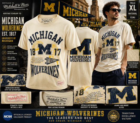 🔥 MITCHELL & NESS x MICHIGAN WOLVERINES 🏈🇺🇸 T-Shirt Heritage Vintage NCAA – Natural – XL 🔥