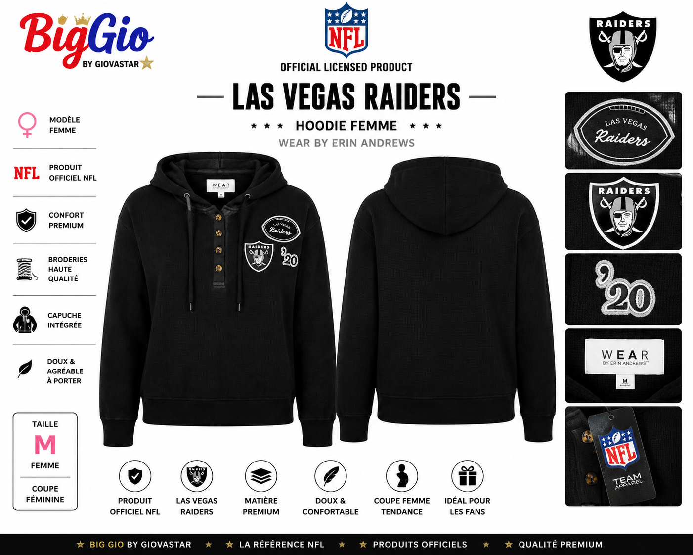 A🏴‍☠️ Hoodie Premium Las Vegas Raiders Femme ⚡ Édition Officielle NFL Team Apparel Noir Brodé