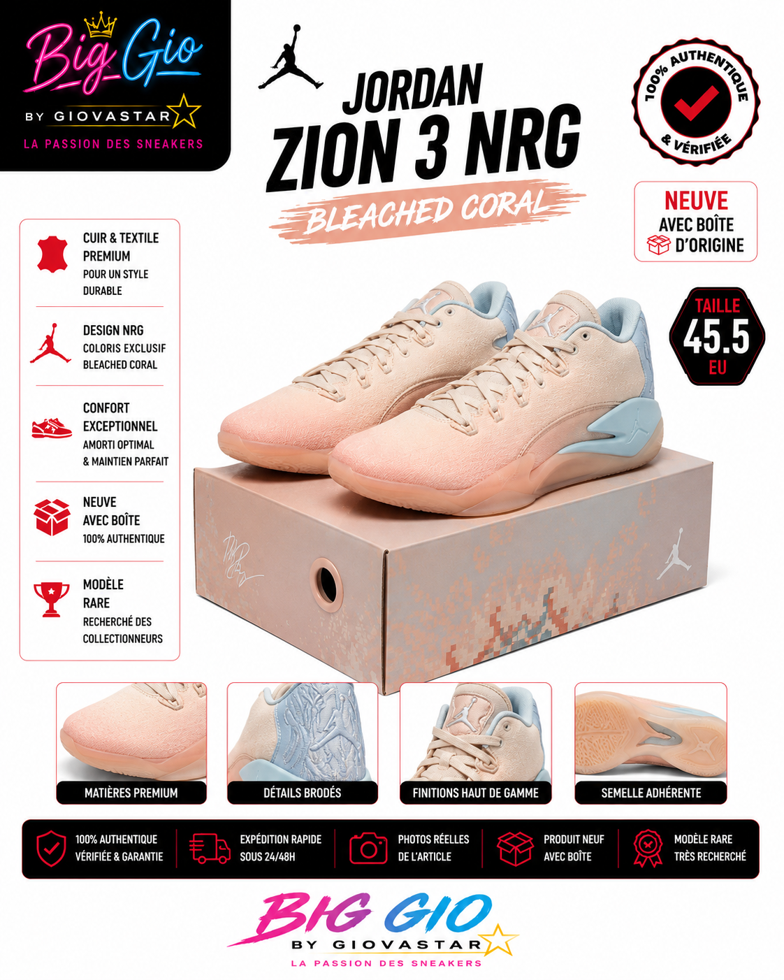 Jordan Zion 3 NRG Bleached Coral avec boîte T45,5
