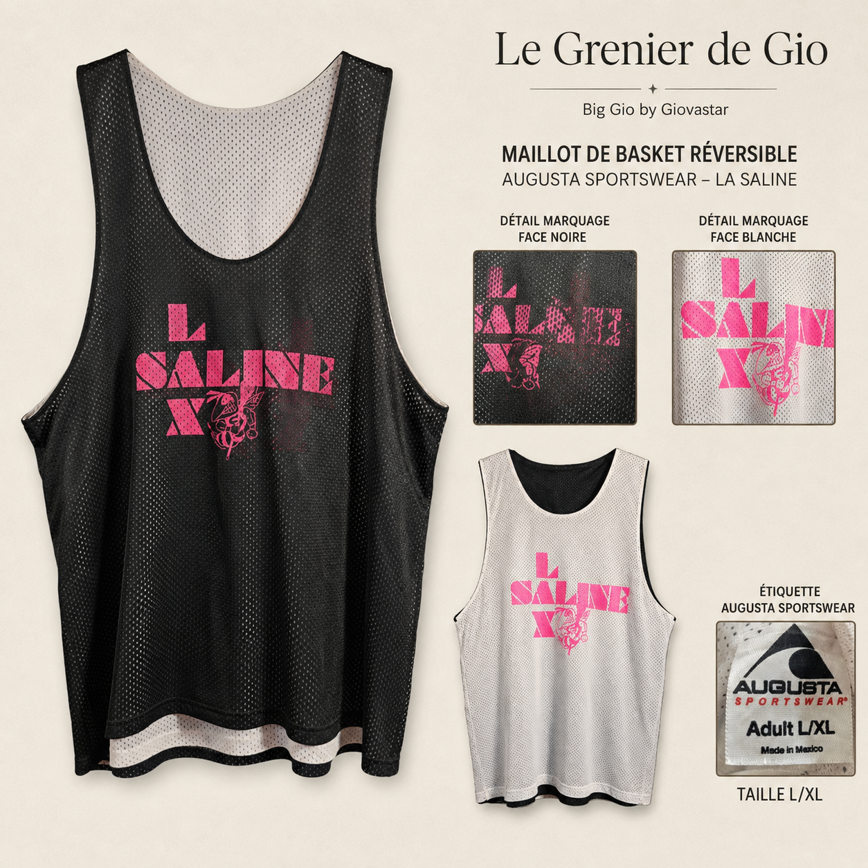 Maillot de basket réversible Augusta Sportswear La Saline noir et blanc – L/XL