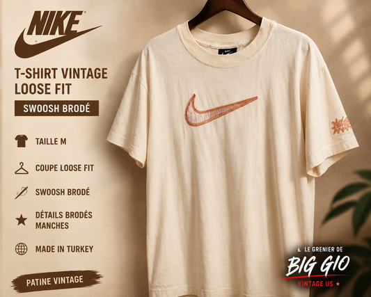 T-shirt Nike Vintage Loose Fit Crème Swoosh Brodé – M