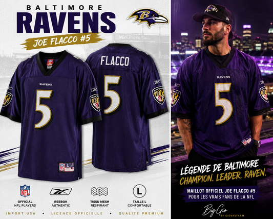 🏈 Baltimore Ravens Joe Flacco #5 Reebok NFL Players Jersey Officiel Violet – Taille L – Import USA