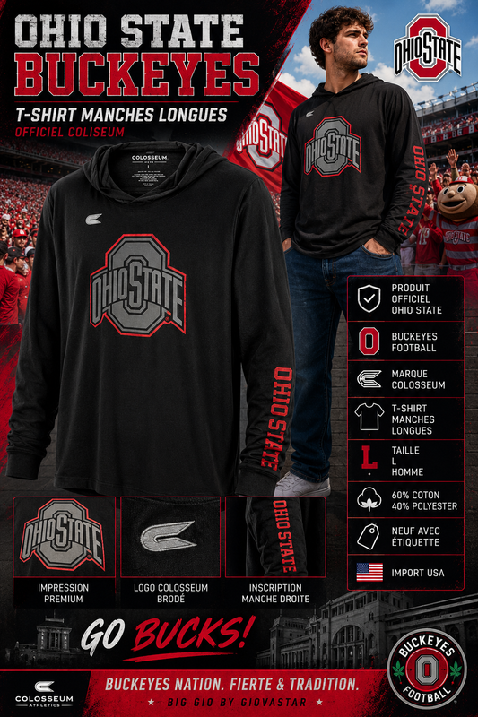 🏈 Ohio State Buckeyes NCAA Colosseum Hooded Long Sleeve Tee Homme L 🇺🇸 Neuf Officiel