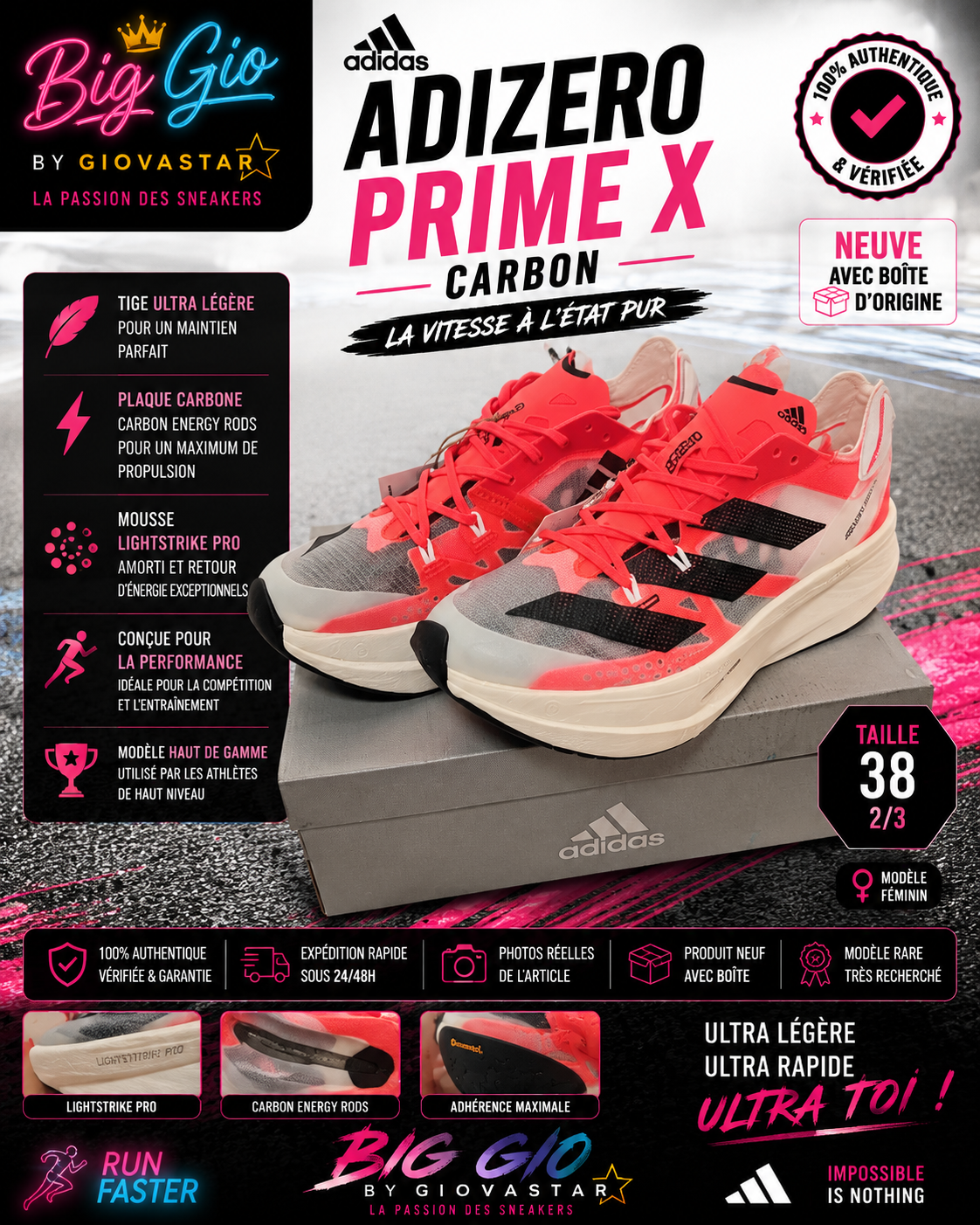 adidas adizero prime x carbon neuve boîte 38 2/3