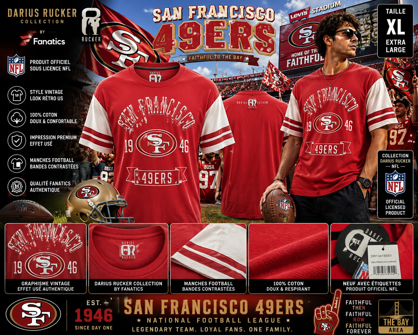 🏈🔥 SAN FRANCISCO 49ERS × DARIUS RUCKER 🔥🏈 T-SHIRT NFL FANATICS VINTAGE STYLE 1946 ❤️🤍 TAILLE XL – NEUF