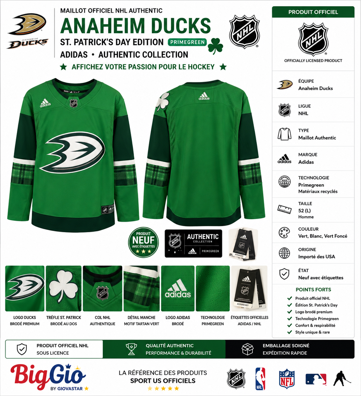 Anaheim Ducks Adidas Primegreen St Patrick's Day Authentic Jersey NHL Taille 52 🍀💚 Rare