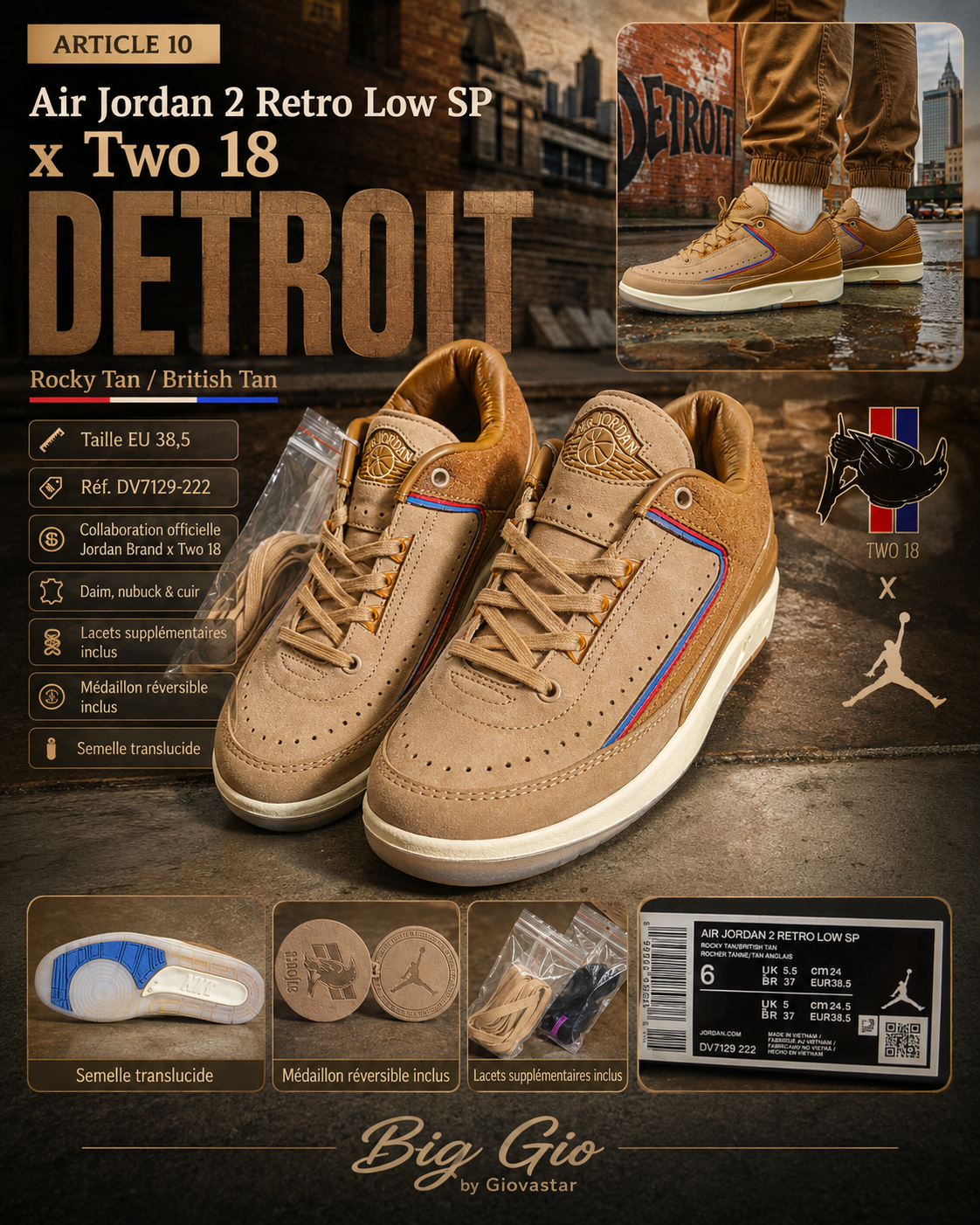 🔥 Air Jordan 2 Retro Low SP x Two 18 Detroit – Taille 38,5