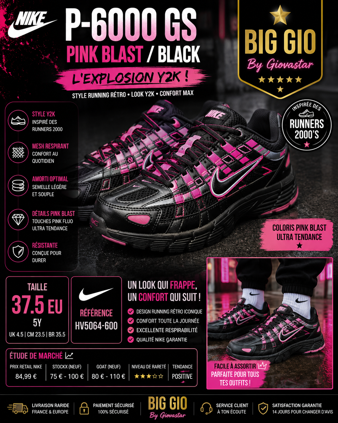 💖🔥 Nike P-6000 Pink Blast Black GS EU 37.5 – L'explosion Y2K ultra tendance ⚡🖤