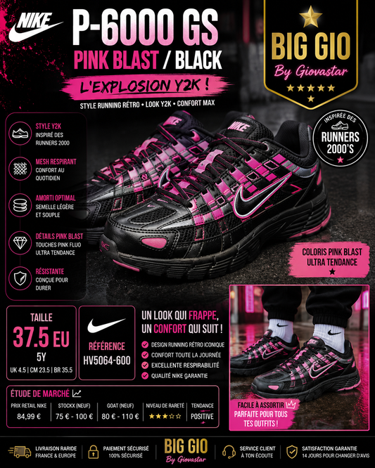 💖🔥 Nike P-6000 Pink Blast Black GS EU 37.5 – L'explosion Y2K ultra tendance ⚡🖤