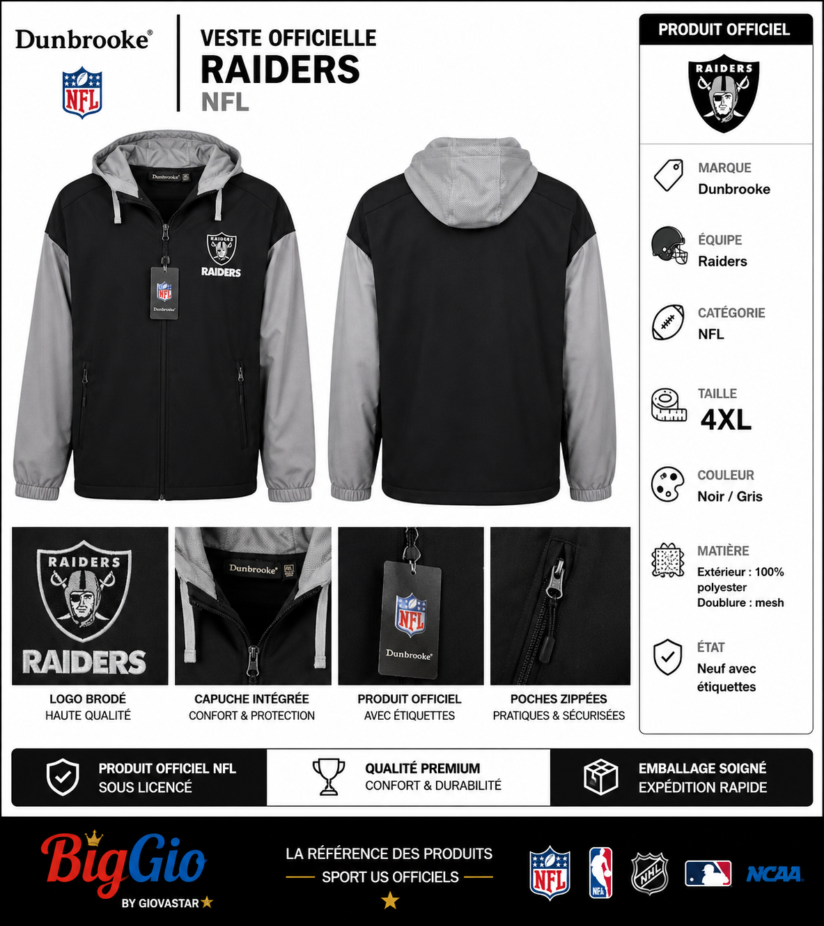 Veste Dunbrooke Raiders NFL noire grise 4XL officielle