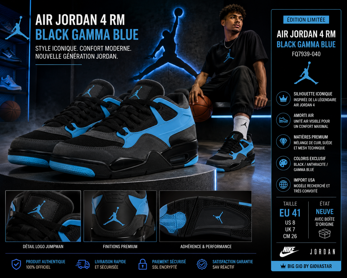 🔥 Air Jordan 4 RM Black Gamma Blue ⚫🔵 Neuve avec boîte – FQ7939-040 – Jordan nouvelle génération
