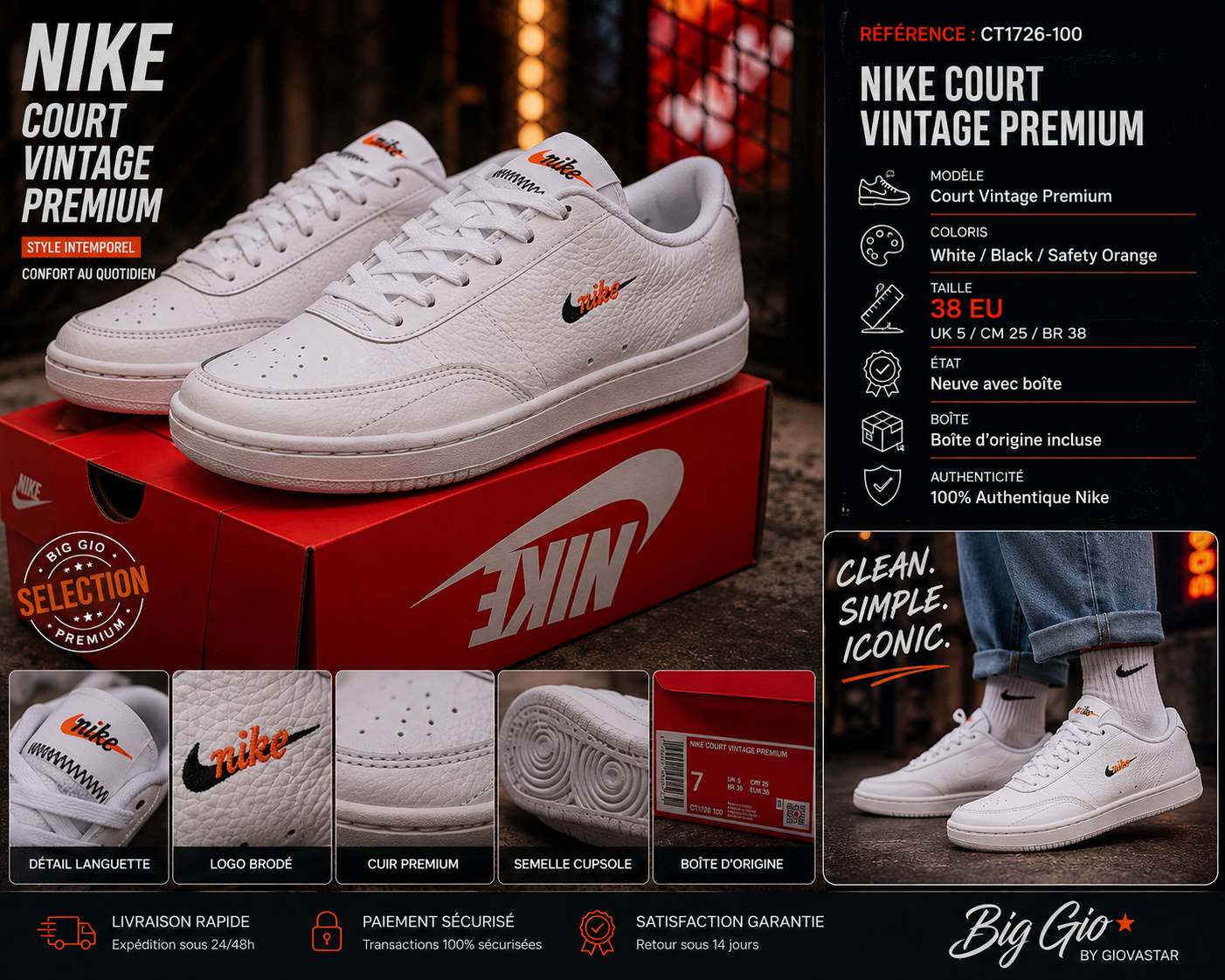 🤍 Nike Court Vintage Premium White CT1726-100 Femme 38 Neuve avec boîte