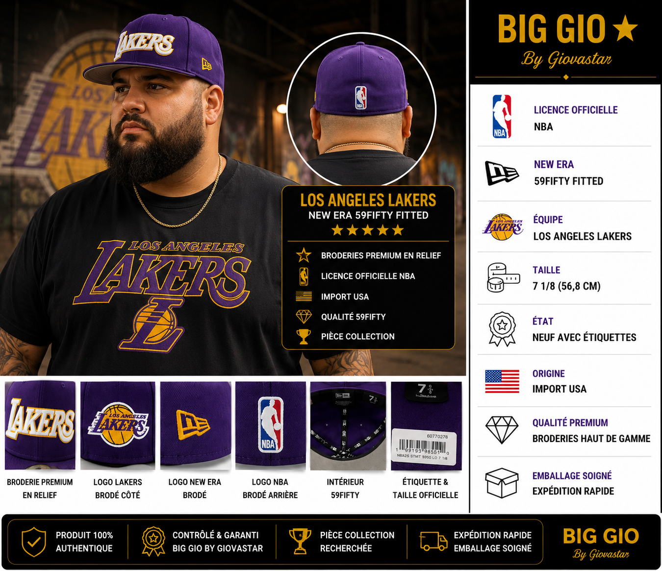 🏀 Los Angeles Lakers New Era 59FIFTY 💜 Casquette NBA Officielle Fitted 7 1/8 ⭐