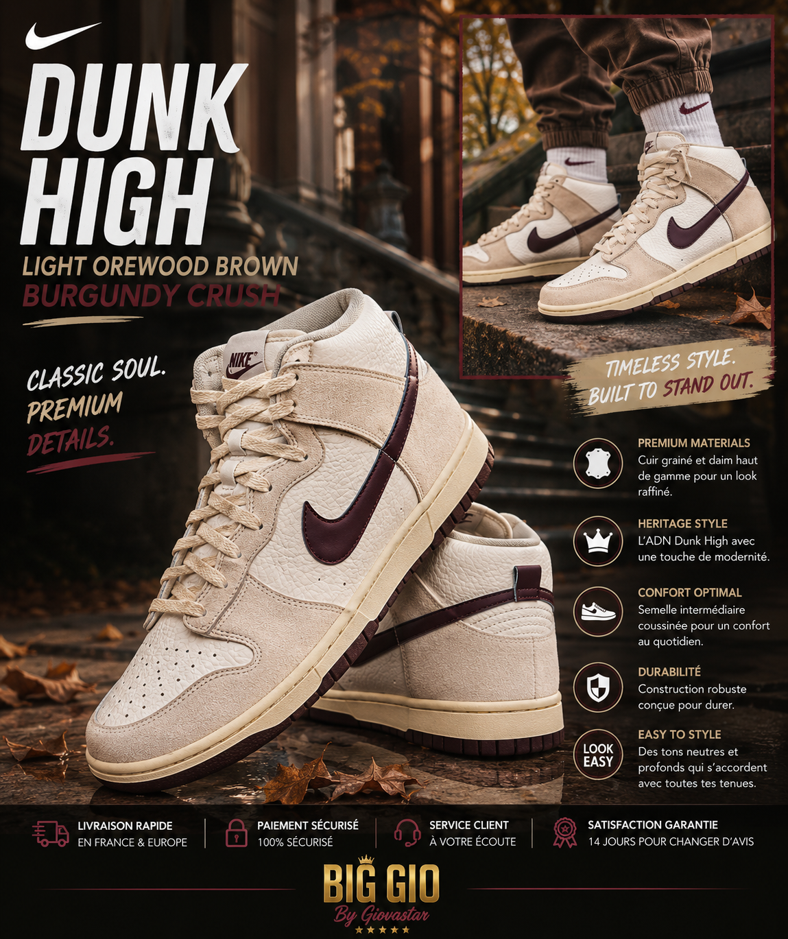 Nike Dunk High Light Orewood Brown Burgundy Crush – Premium Leather – Import USA 🤍🍂