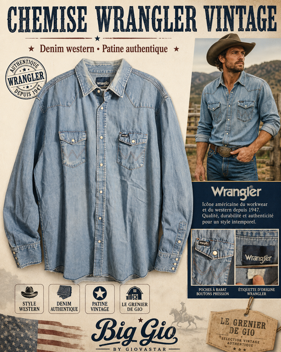 Chemise western Wrangler en denim vintage bleu délavé – Taille 2XL